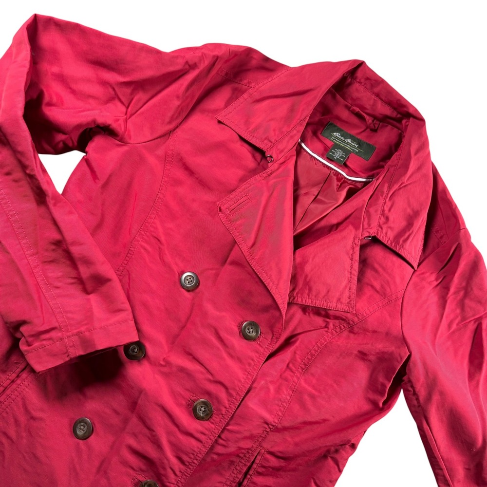 VTG Eddie Bauer Trench Coat Womens M Red Double Breasted Nylon Jacket Peacoat